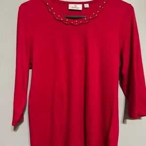 Quacker Factory Red Long Sleeve Top with Beaded Neckline